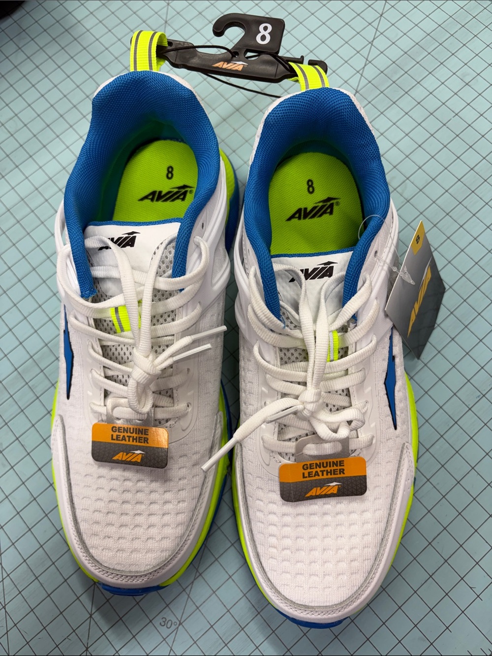 Avia Men’s White Athletic Sneakers with Blue & Neon Green Accents